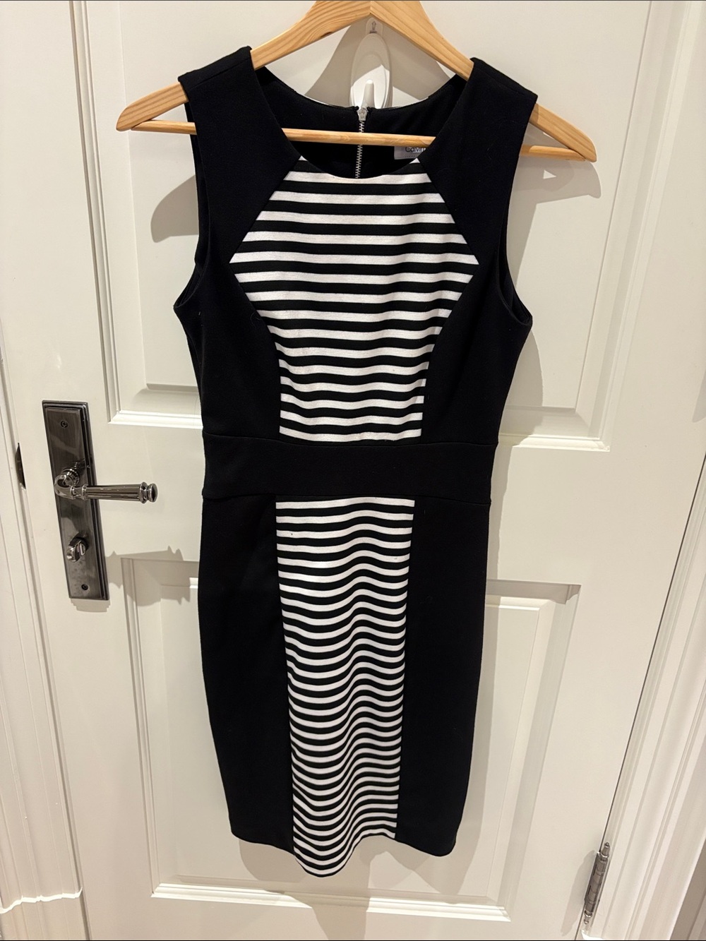 Calvin Klein Black and White Striped Sheath Midi Dress